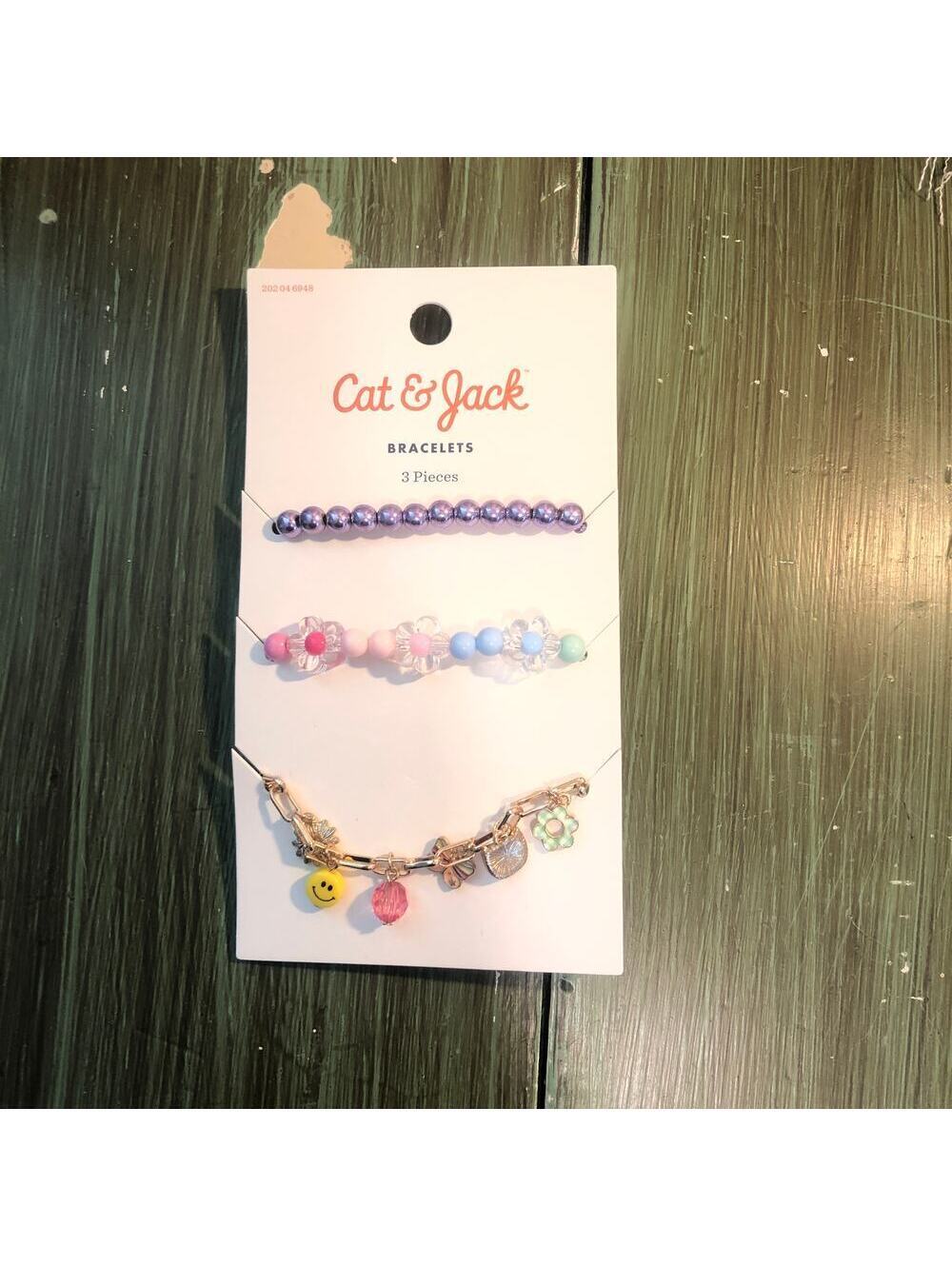 Cat & Jack NWT 3 Piece Girl's Bracelet Set Flowers Smiley Face Beads